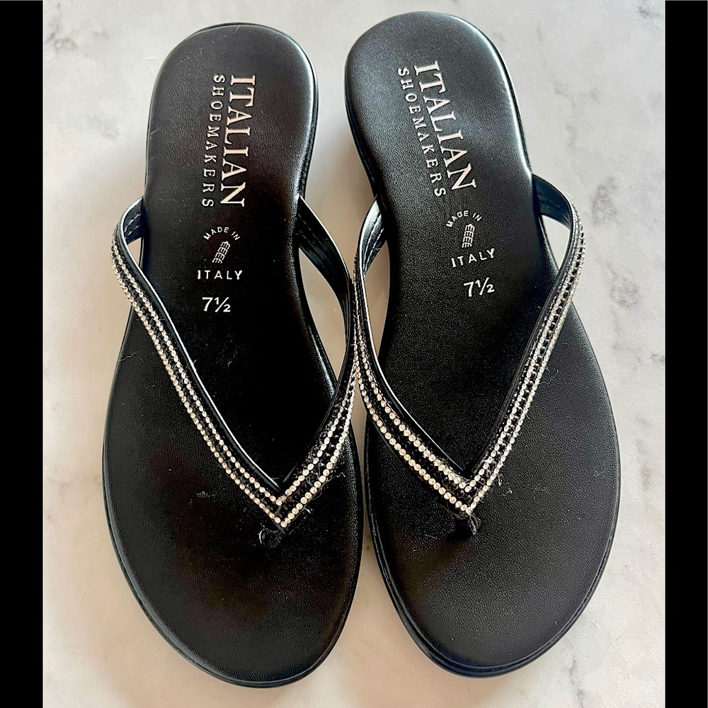 Italian shoemaker black “Minley” Rhinestone thong sandals